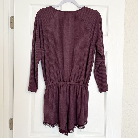 Victoria's Secret Romper Pajama Size L Burgundy Loungewear Ribbed Henley Style - Picture 2 of 13